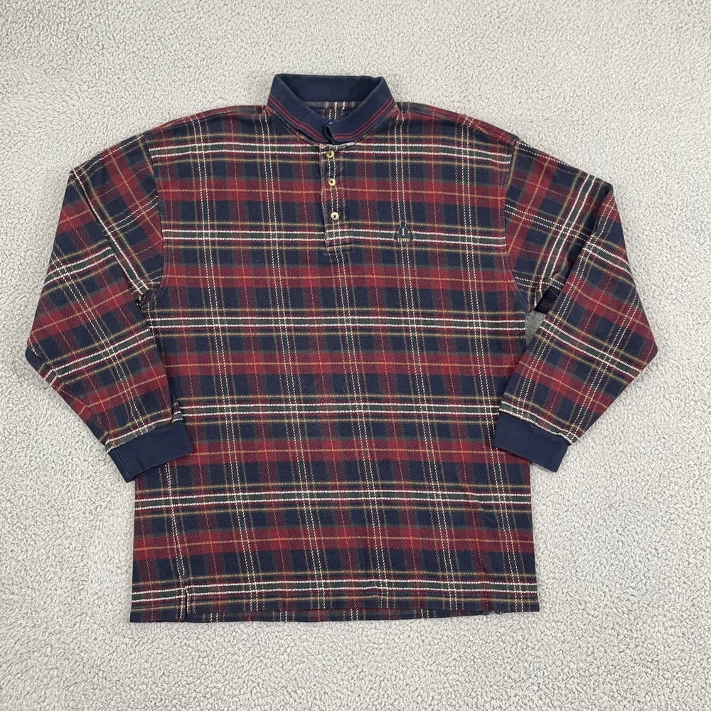 Vintage Izod Long Sleeve Polo Shirt Men L Burgundy Plaid Preppy Cotton
